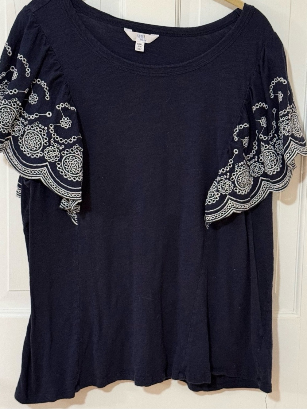 Time and Tru Navy Top with White Embroidered Flutter Sleeves